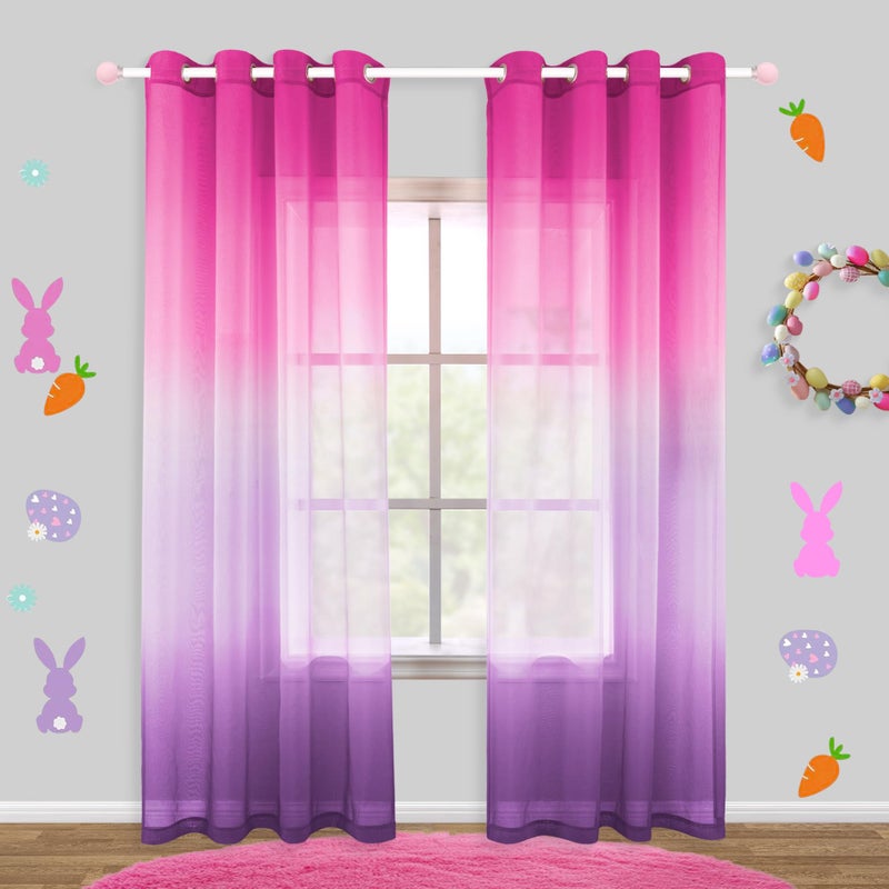 KOUFALL Purple and Hot Pink Sheer Curtains 2 Panels 84 Inches Long,Preppy Princess Coquette Curtains for Teen Girls Bedroom - Image 1